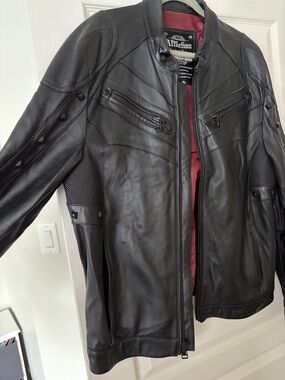 Affliction Black Leather Studded Bomber Jacket with Red Lining